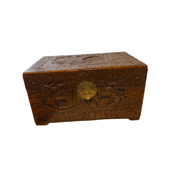 Vintage Hand Carved Camphor Wood Jewelry Box Asian Village Scene Brass Latch 11